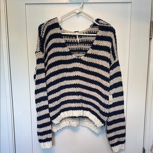 Free People Blue and White Crew Neck Sweater
